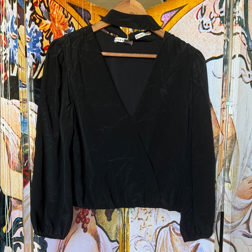Alice + Olivia Silk Black Faux Wrap Blouse